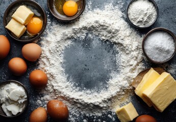 A Culinary Creation Scene Featuring Fresh Eggs, Flour, Butter, and Essential Baking Ingredients Ready for a Delicious Recipe