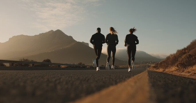 A Group of Three Runners Enjoying a Scenic Jog Along a Coastal Road with Majestic Mountains in the Background During Sunrise