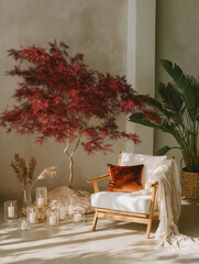 Modern living room with a large tree in the center. the tree has red leaves and is placed against a beige wall.