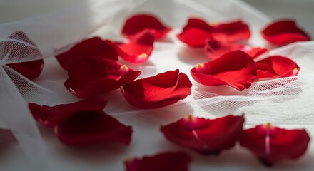 Scattered Red Rose Petals on Delicate White Netting with Soft Lighting