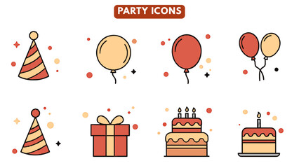 birthday party set icons reds and yellow soft color 