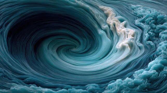 Abstract swirling vortex of teal and white, resembling a cosmic whirlpool or ocean maelstrom - Powered by Adobe