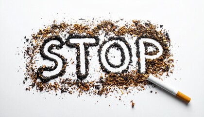 Compelling message to halt unhealthy habits the word 'STOP' made from shredded tobacco, accompanied by a cigarette, emphasizing the importance of quitting for better health
