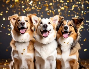 Three dogs, happy and smiling, sitting in front of a gray background with gold confetti