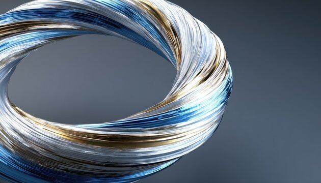 A swirling metallic torus, composed of blue, silver, and gold strands, against a muted gray backdrop.  The strands create a dynamic, three-dimensional form