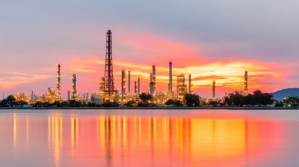 Fototapeta premium Industrial refinery at sunset coastal location landscape photography reflective water aesthetic beauty