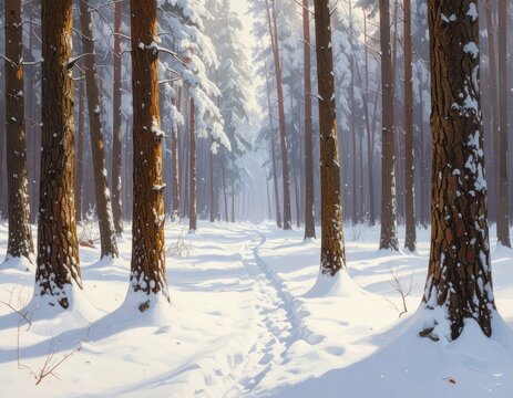 A sun-drenched winter forest pathway winds through tall, snow-covered pine trees, bathed in soft light.