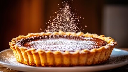Elegant Caramel Tart: Powdered Sugar Cascade, Golden Crust, Culinary Delight