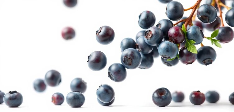 Several blueberries falling against a pure white backdrop, picture, vibrant