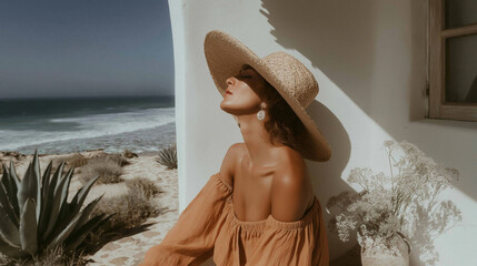 Young woman wearing a large straw hat and a strapless orange dress. she is standing in front of a white wall with a window on the right side.