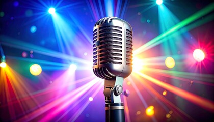 Retro microphone on a vibrant stage with colorful lights, perfect for music events and performances