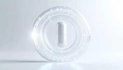 White capsule rests inside a futuristic transparent device on a bright white surface, representing modern medicine and technological advancement in healthcare.