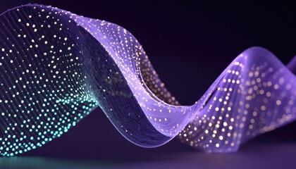 A swirling, translucent ribbon of light, woven from countless luminous dots, flows across a dark background, shifting from teal to gold