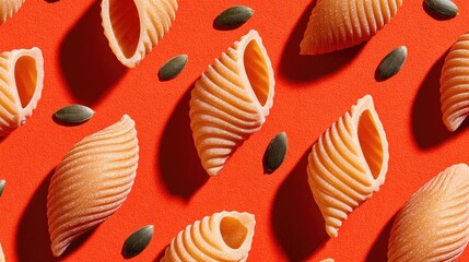 A vibrant orange background features a patterned arrangement of  ridged pasta shells and scattered pumpkin seeds, cast with dramatic lighting
