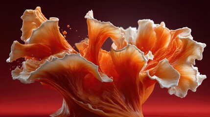 Dynamic orange and white fluid sculpture, swirling and splashing against a deep red backdrop, exhibiting textural complexity and dramatic motion