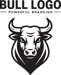 Monochrome Bull Head Logo Design with Strong Horns and Powerful Gaze