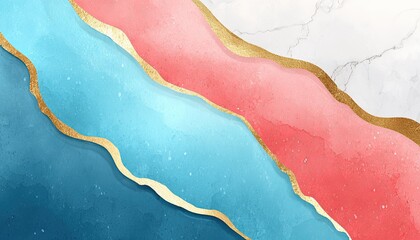 Abstract watercolor artwork featuring teal, blue, and coral hues separated by gold leaf, set against a marble backdrop