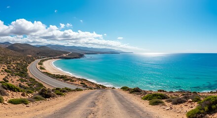 Scenic coastal road winding along turquoise sea and sandy beach under blue sky