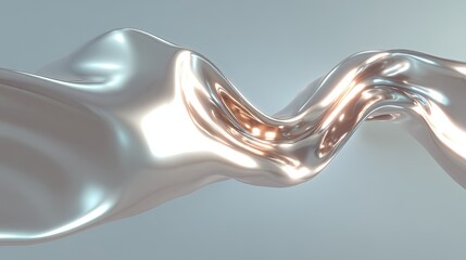 Abstract silver metallic fluid, swirling and flowing in a smooth, elegant, double-S curve against a light grey background, reflecting light
