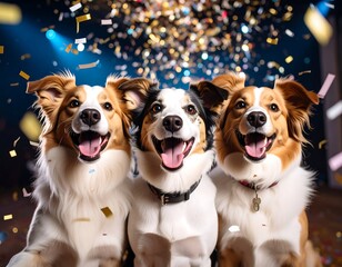 Three dogs smiling amidst confetti