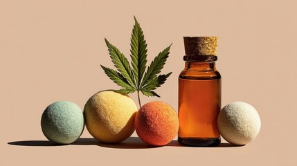 Amber bottle of oil, hemp leaf, and four pastel bath bombs arranged on a neutral background, bathed in sunlight