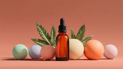 Amber glass dropper bottle of oil, flanked by cannabis leaves and pastel spheres against a muted orange background; digitally rendered