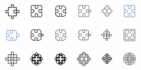 Diverse puzzle piece icons and interconnected designs symbolizing collaboration teamwork and problem solving solutions