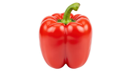 Isolated glossy red bell pepper with curled green stem and smooth skin, garden harvest