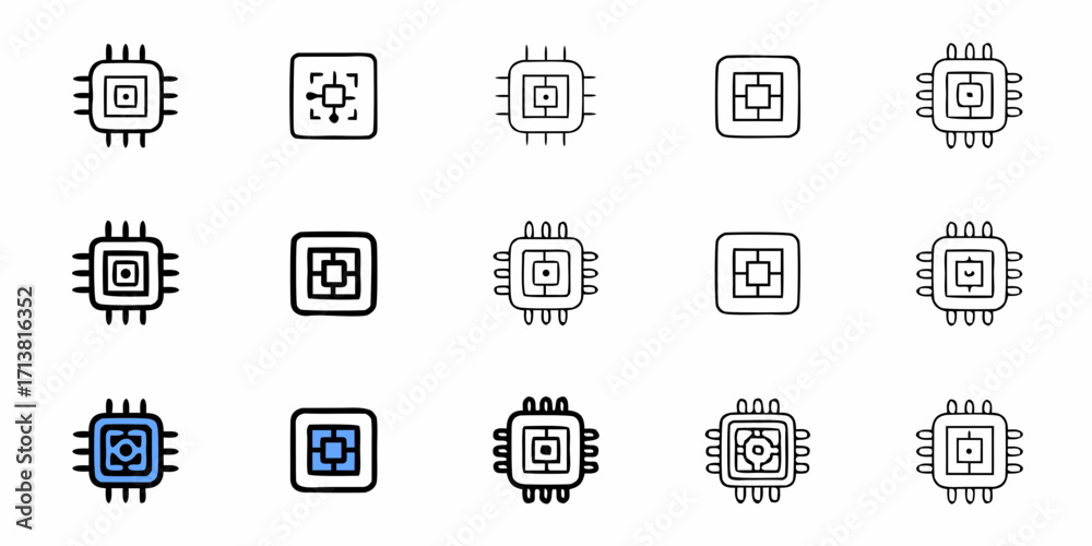 Wall mural modern technology icons featuring diverse central processing unit designs for digital innovation and
