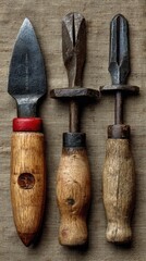 Three antique hand tools with wooden handles, varying blade shapes, showing signs of age and wear, arranged vertically against a textured background