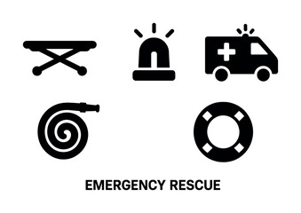 Emergency rescue symbols: stretcher, siren, ambulance, hose, lifebuoy