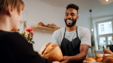 Smiling baker serving fresh bread to woman customer with flowers in modern bakery shop. Happy African American man in apron providing friendly service at artisan bread counter.