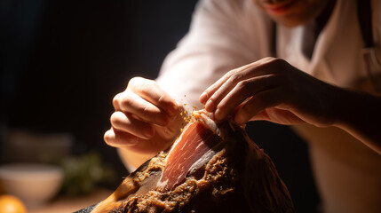 Iberico ham preparation by hands peeling cured Spanish meat delicacy. Traditional artisan technique for premium gourmet charcuterie in warm golden lighting atmosphere.