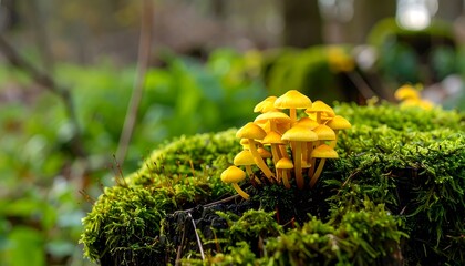 Cluster of bright yellow mushrooms on mossy forest stump
