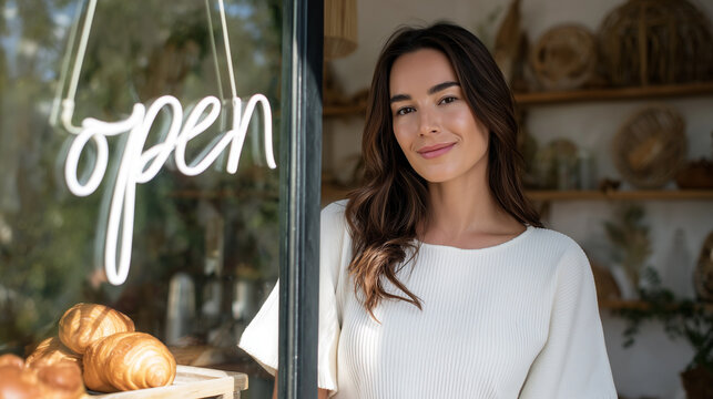 Smiling young woman bakery owner standing beside open neon sign at storefront window with fresh croissants display. Happy female entrepreneur welcoming customers to new bakery opening. - Powered by Adobe