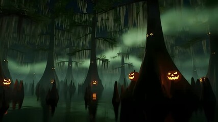 Spooky Halloween swamp animation with glowing pumpkins and eerie eyes peering from cypress trees, perfect for horror themes, party invitations, scary stories, and holiday events.
