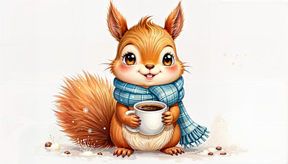 squirrel with a cup of hot drink