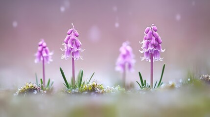 Naklejka premium Delicate Grape Hyacinths in Soft Focus, Dew-Kissed and Dreamy