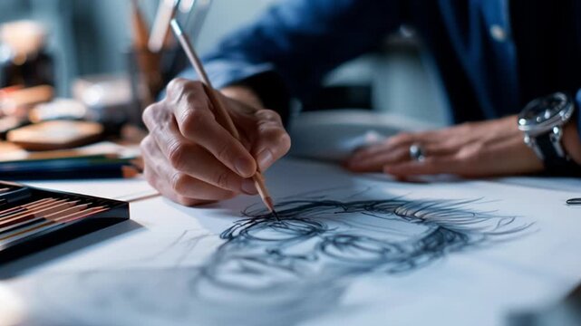 Creative designer sketching concepts on paper in studio, art tools scattered around.