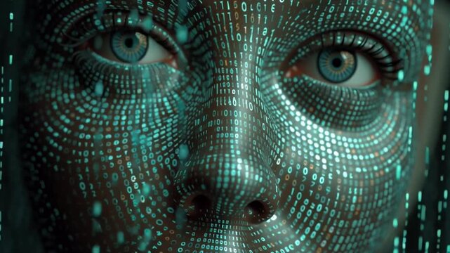 Data, glowing futuristic streams of binary code forming holographic sphere in dark tech background.