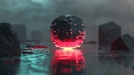 A pixelated sphere, glowing red from within, sits in a dark, watery landscape amidst jagged, dark rocks under a moody sky