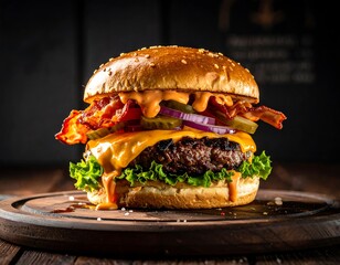 Gourmet burger on a wooden board