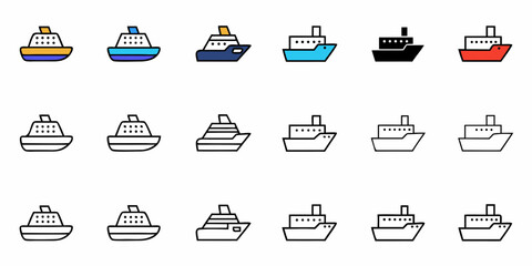 Collection of modern cruise ship icons offering diverse styles and vibrant colors for travel and maritime themes