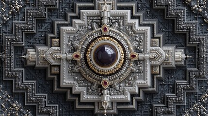 Fototapeta premium Ornate symmetrical ceiling with concentric geometric patterns and a central oculus, richly textured ornamental relief in monochrome tones.