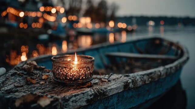A lit candle in an ornate glass holder rests on the weathered gunwale of a blue rowboat at dusk, near a softly lit lakeside scene