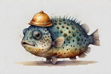 A pufferfish is wearing a tiny hat or accessory. The fish looks adorable and quirky. It might be part of a photo or a playful display.