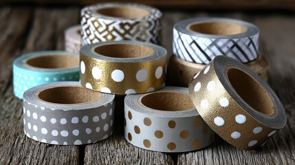 A collection of patterned washi tapes in gold, grey, and pastel hues rests on a rustic wooden surface.  The tapes feature various designs, including polka dots and geometric patterns