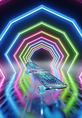 Futuristic Skateboard in Neon Tunnel