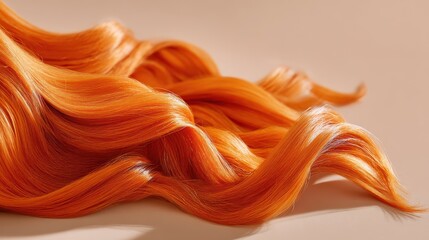 Fototapeta premium Wavy strands of vibrant orange synthetic hair on beige background