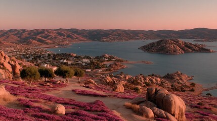 Panoramic sunset view of a coastal town nestled in a rocky bay, with vibrant pink wildflowers carpeting the foreground hills
